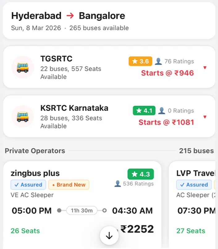 Search Buses from Hyderabad to Bangalore tomorrow
