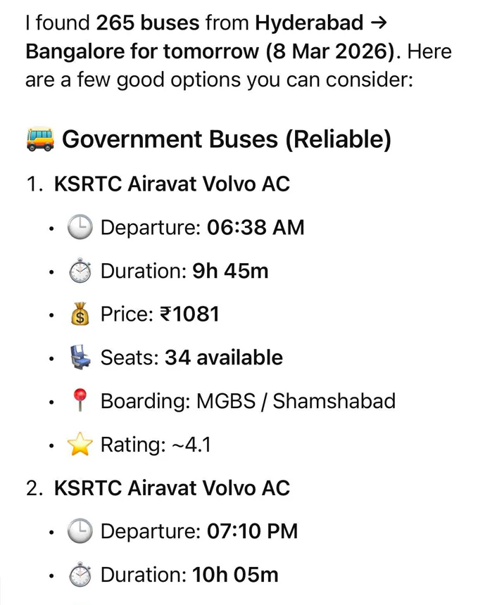 Search Buses from Hyderabad to Bangalore tomorrow