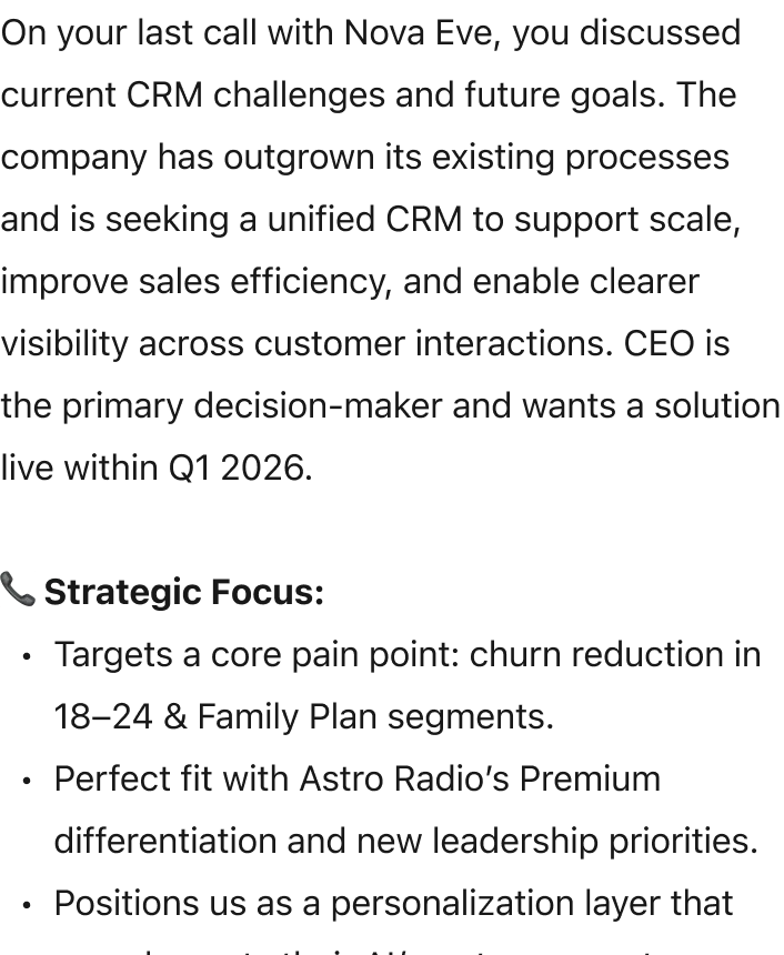 @Agentforce Sales what did I last speak to Nova Eve about