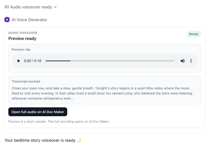 create a voiceover for a bedtime story