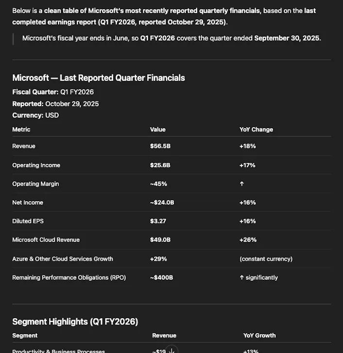 Can you build a table of last quarter reported financials for Microsoft?