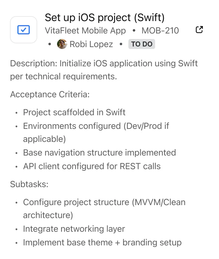 What are the description, acceptance criteria, and subtasks for MOB-210?