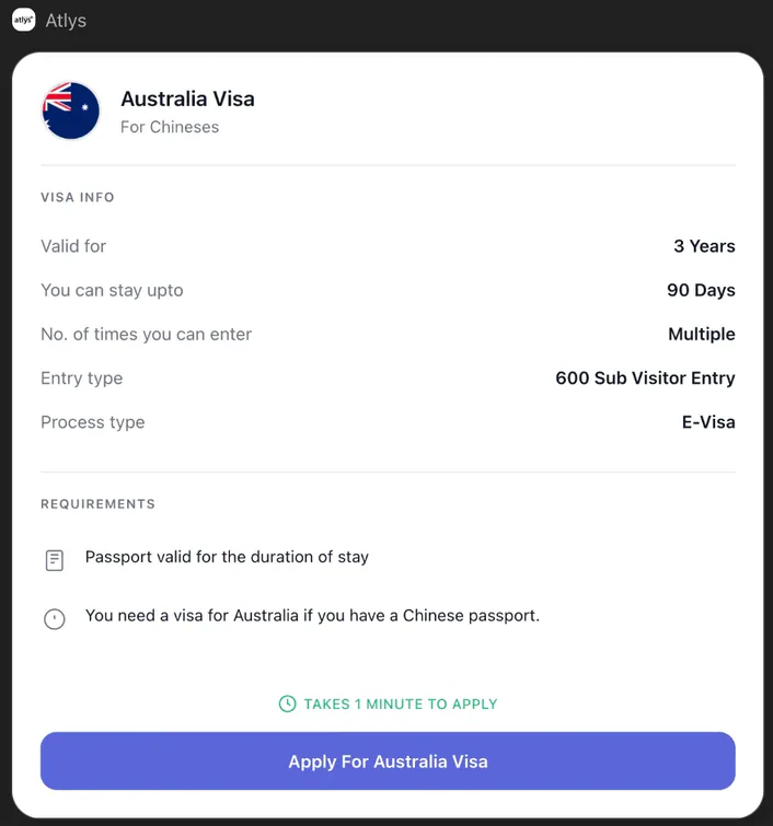 @Atlys  Australia visa requirements for Chinese citizens