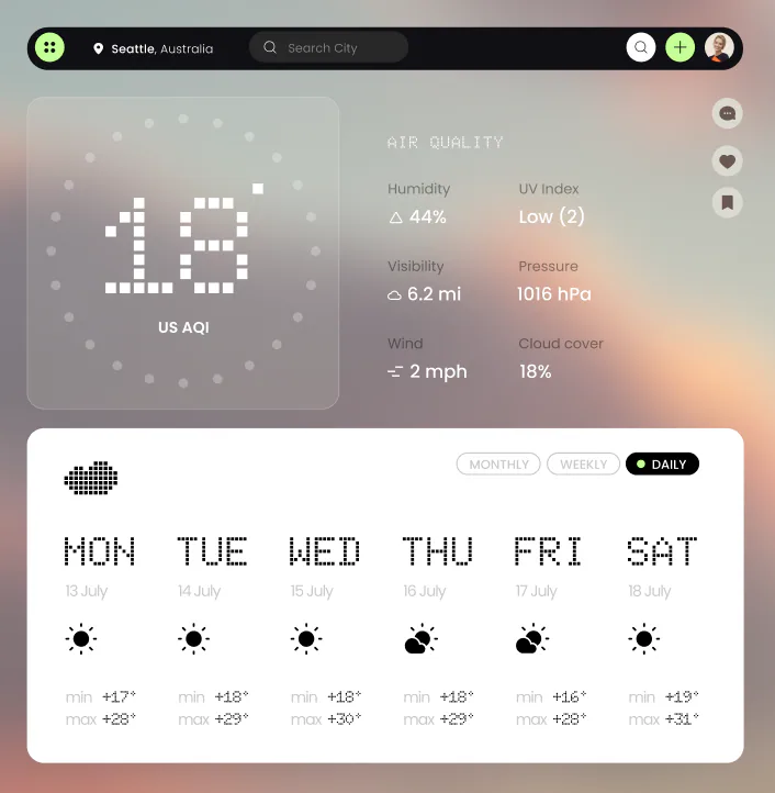 @base44 build a weather + air-quality dashboard app with city search & fore
