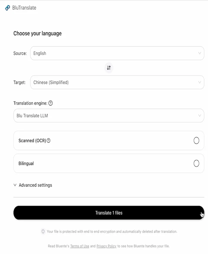 Bluente PDF|DOCX|PPT Translate