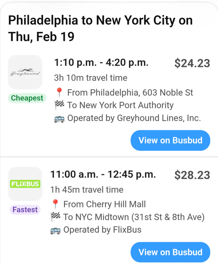 Show me buses from Philadelphia to New York City