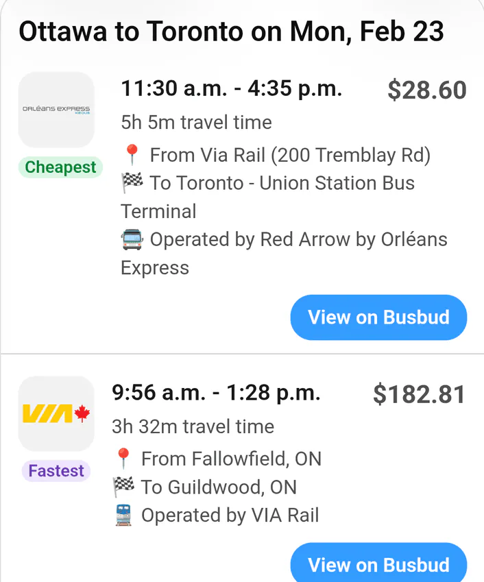 I have a meeting in Toronto on Monday, find me trips from Ottawa