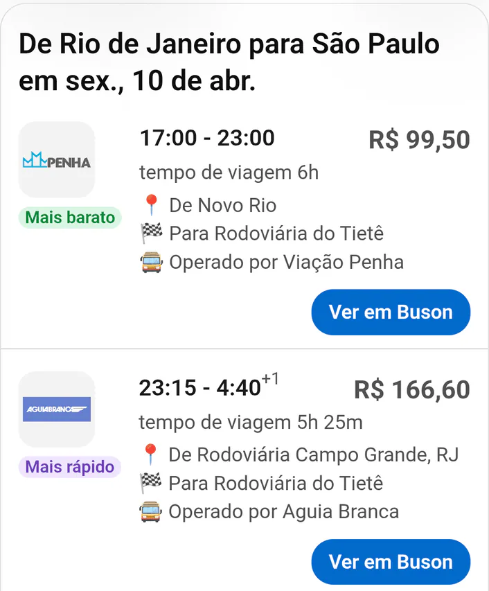 Encontre passagens de ônibus para amanhã entre o Rio de Janeiro e São Paulo