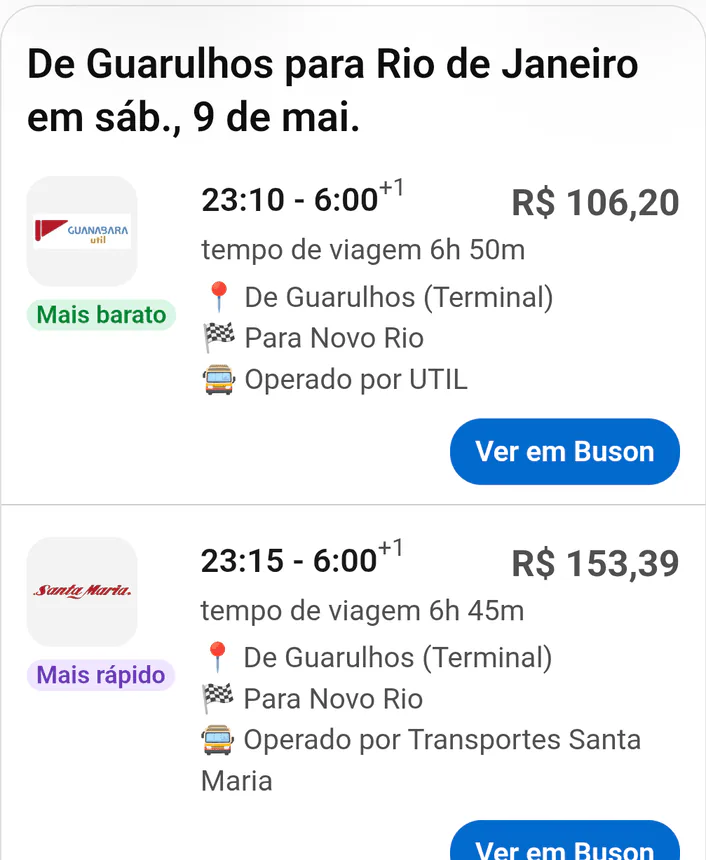 Busque ônibus de GRU para o Rio de Janeiro no mesmo dia do mês que vem
