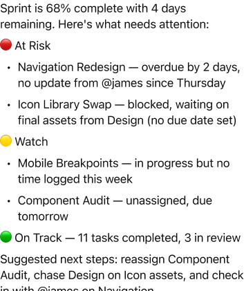 @ClickUp How is Sprint 14 -Simplifying UI looking? Flag anything at risk.