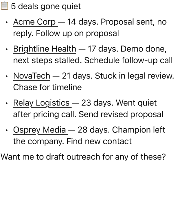 @ClickUp Which deals have had no activity in 10+ days?