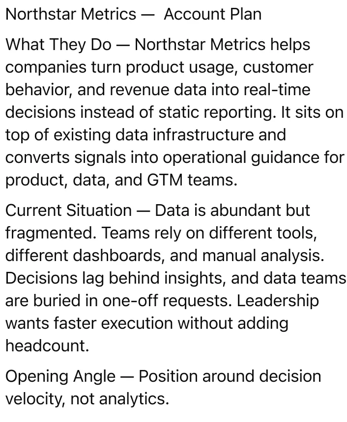 Help me build a plan to approach the Northstar Metrics account