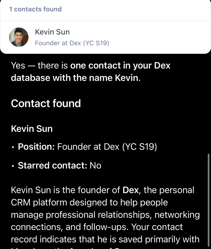 Do I have any contact in Dex named Kevin?