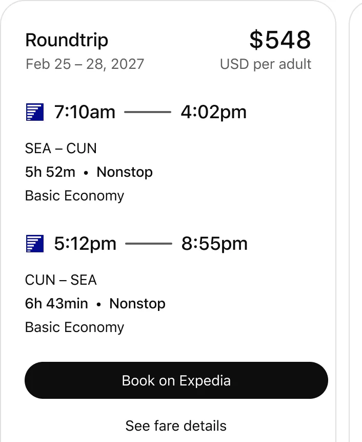 @Expedia find flights from Seattle to Cancun in February