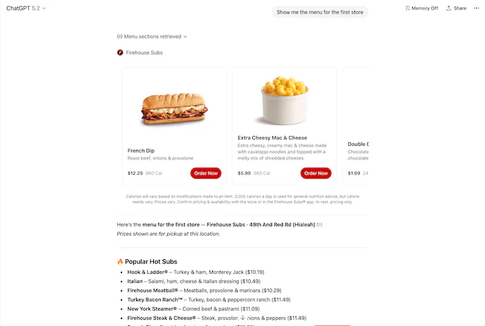 Show me the menu for the first store