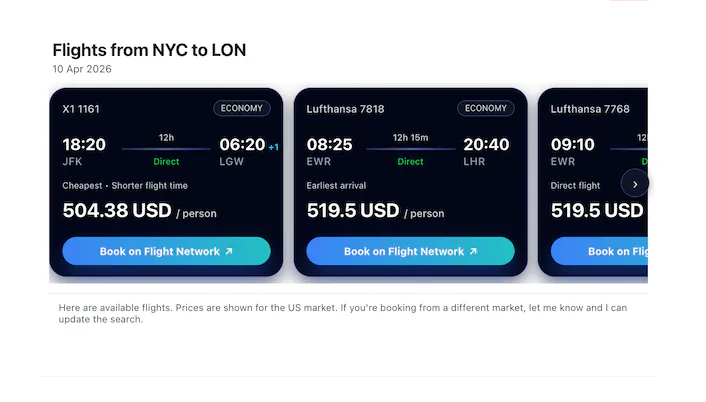 Find flights from NYC to London on Friday