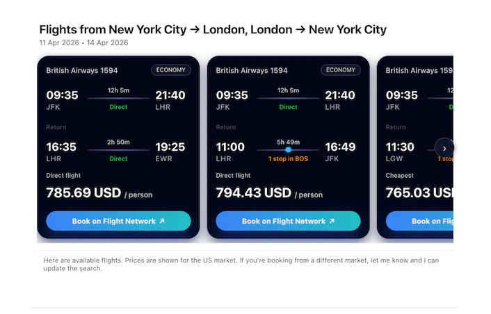 Find flights from NYC to London next weekend returning on Tuesday