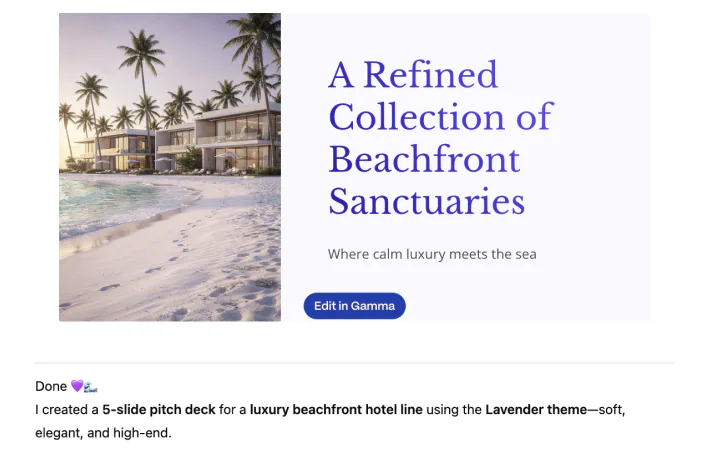 Make a gamma pitch deck about our new hotels, using the Lavender theme!