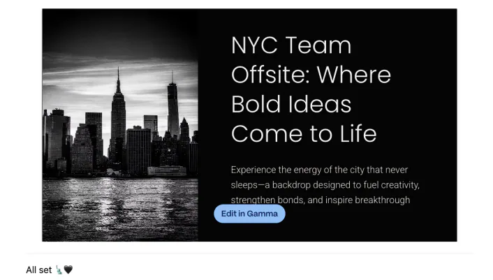Make a short gamma deck about a team offsite to NYC!!