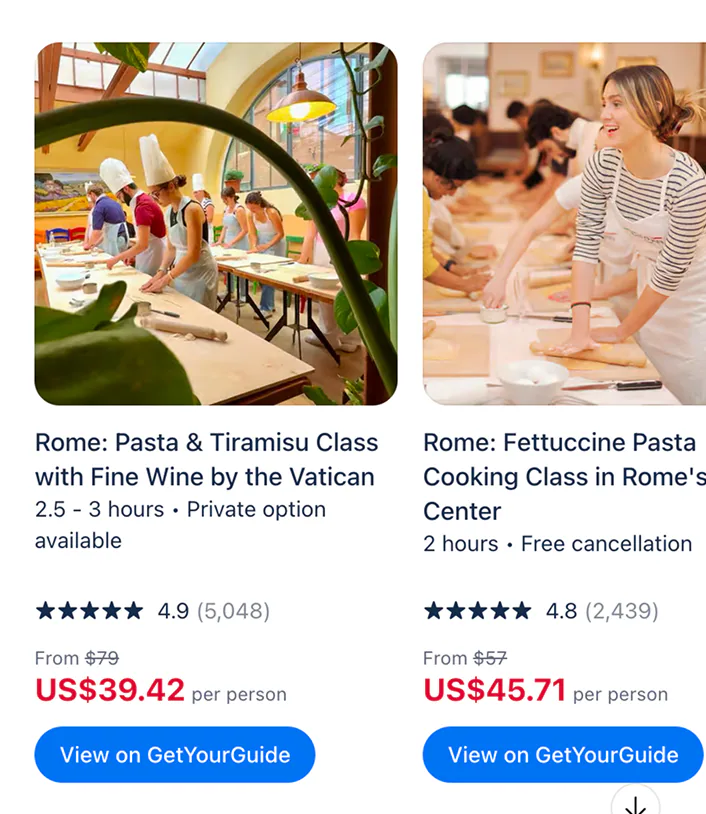 @GetYourGuide what are pasta-making workshops in Rome under $50.