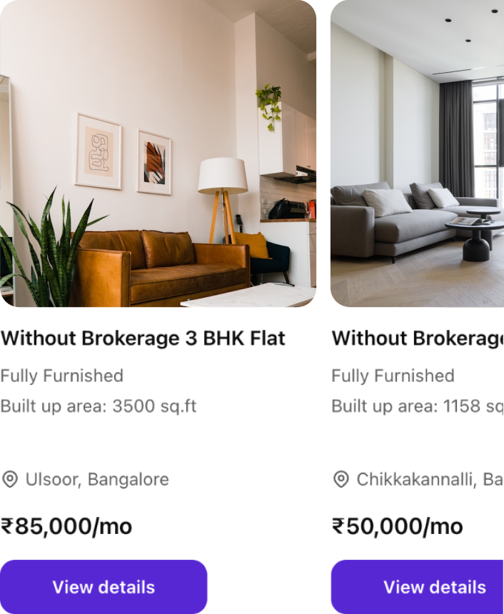 3bhk rent properties, 0 brokerage, fully furnished in Bangalore