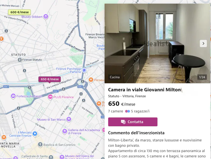 @idealista ci sono stanze in affitto a Firenze con bagno privato e balcone?