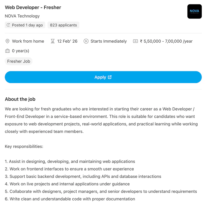 Show me the details of the web developer role at Nova Technology.