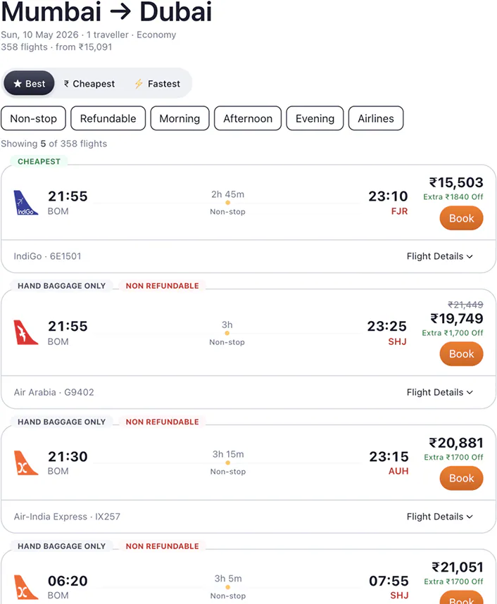 @ixigo show me flights from Mumbai to Dubai on 10th May.