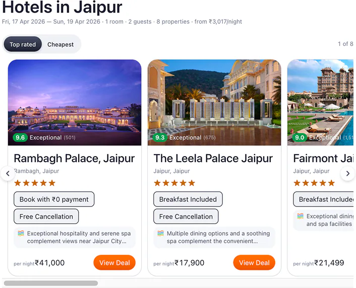 @ixigo show me hotels in Jaipur for 2 people, from 17th April for 2 nights.