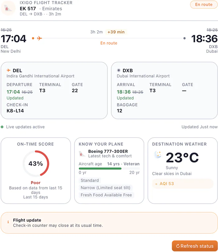 @ixigo track flight EK 517 for today.