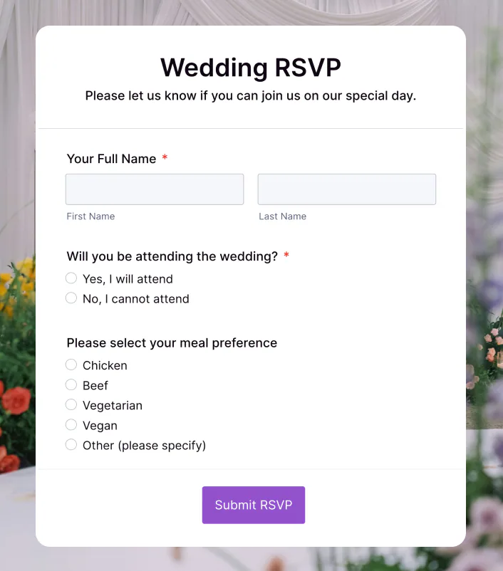Create me an RSVP form for my wedding