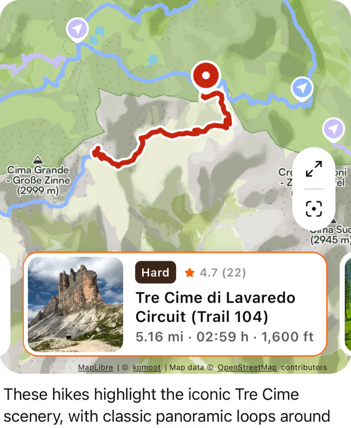@komoot what are the best routes to see the Tre Cime di Lavaredo?