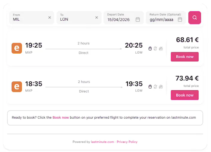 Find me EasyJet flights from Milan to London on April 15th