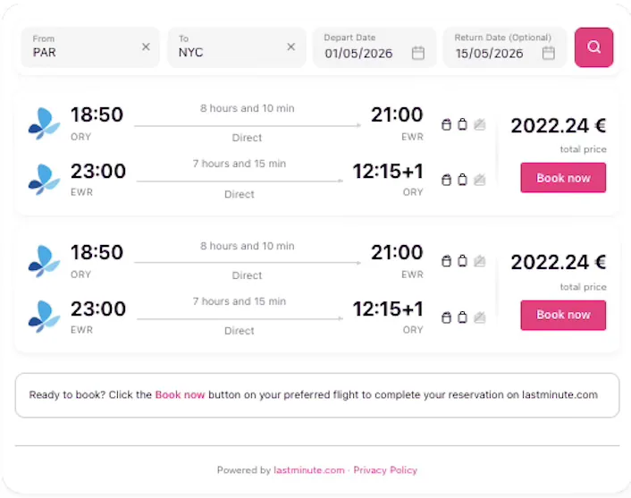 Flights from Paris to New York, departing May 1st and returning May 15th