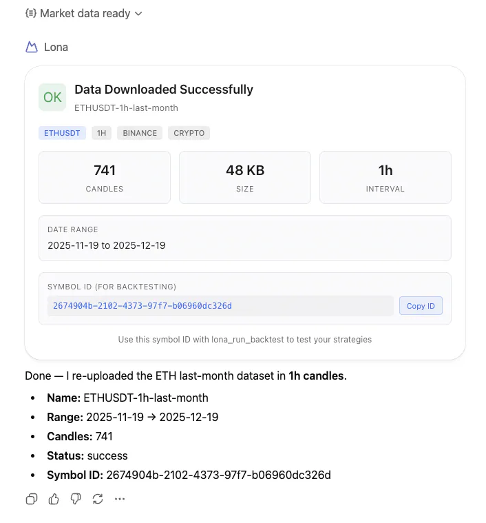 Upload ETH symbol data from last month in 1h candles