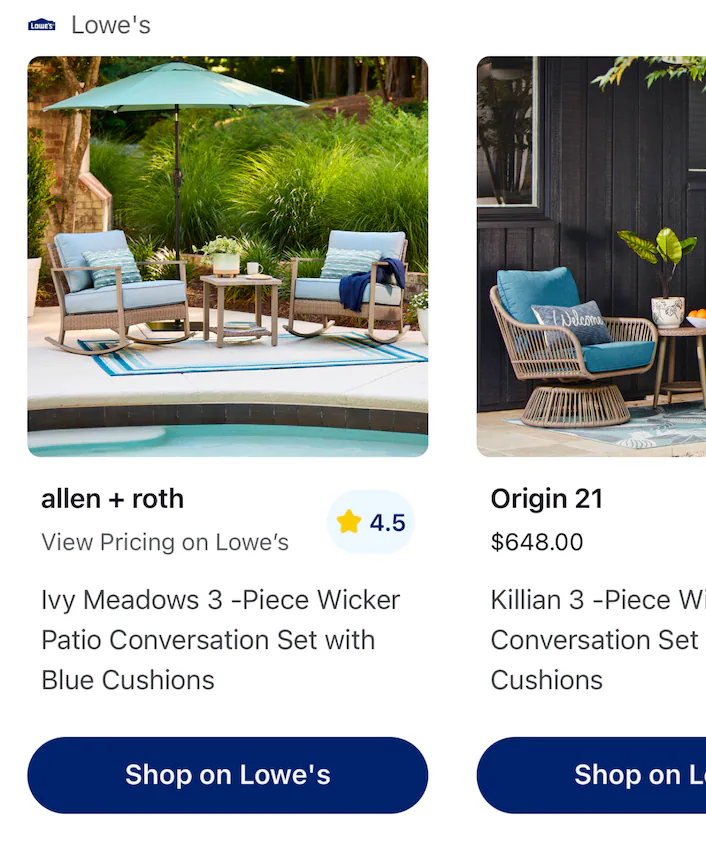 I want a 3 piece wicket patio conversation set with blue cushions