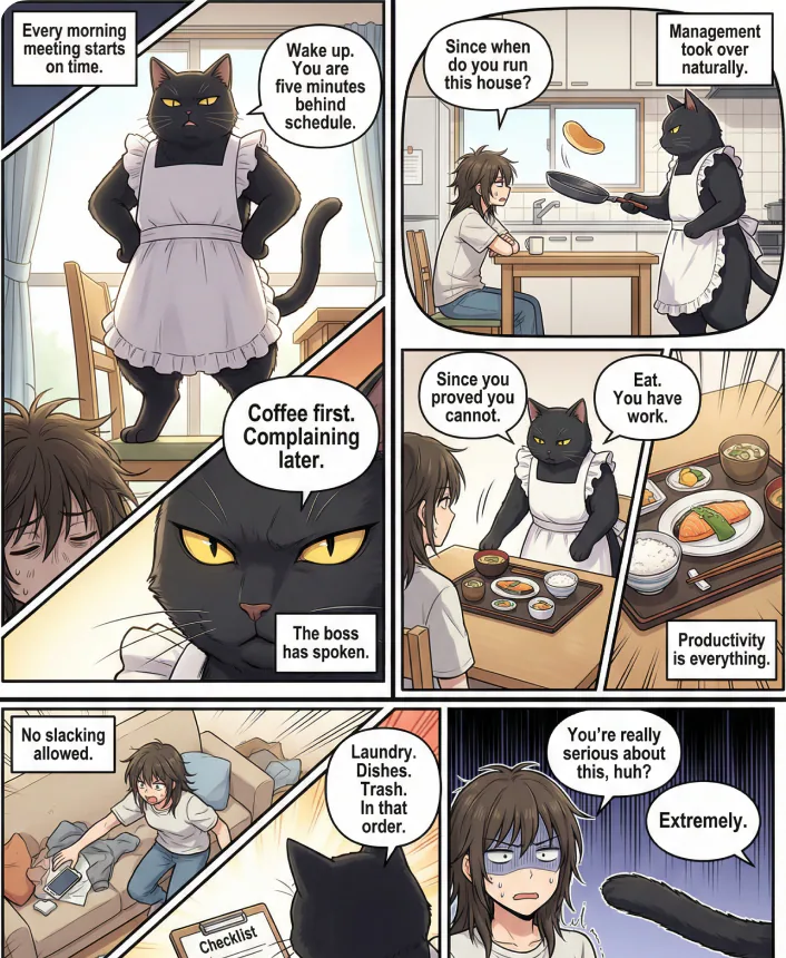 @MangaBoom A cat believes it’s the boss and seriously manages the human.