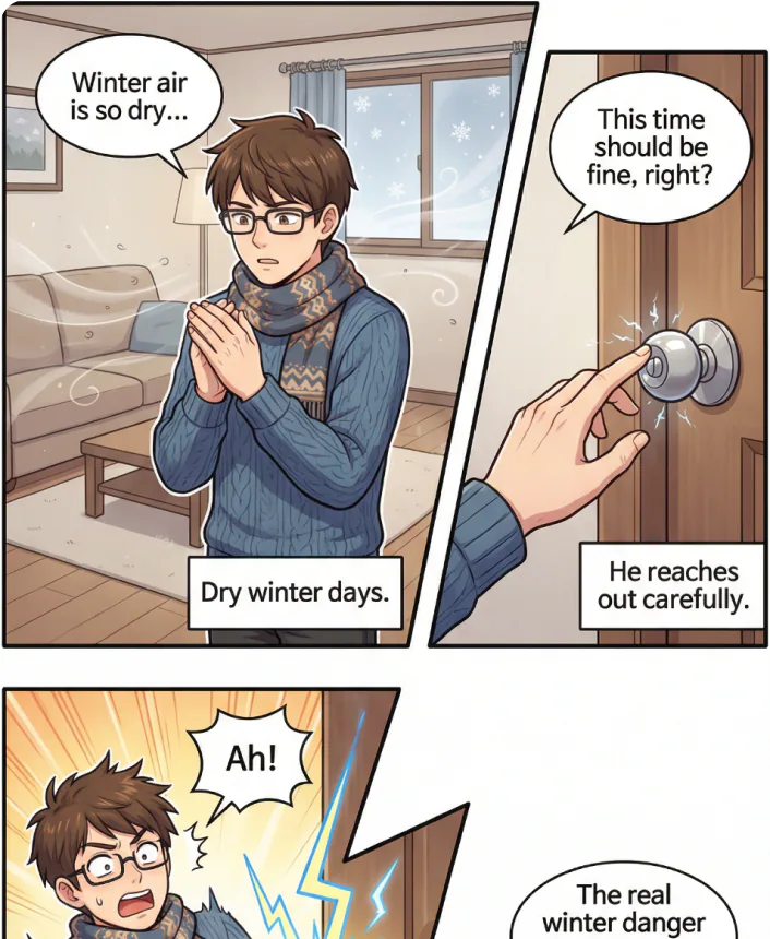 @MangaBoom A person keeps getting shocked by static electricity in winter.
