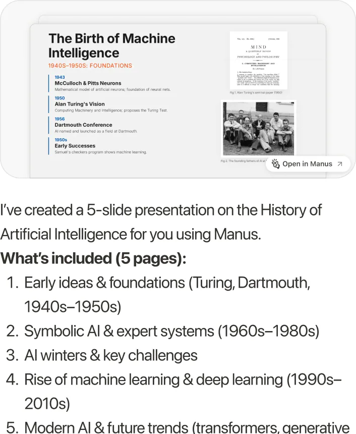 @Manus make a 5 pages slides about history of AI