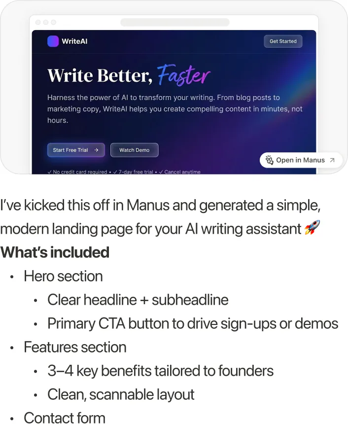 @Manus Build a simple landing page for my AI writing assistant product