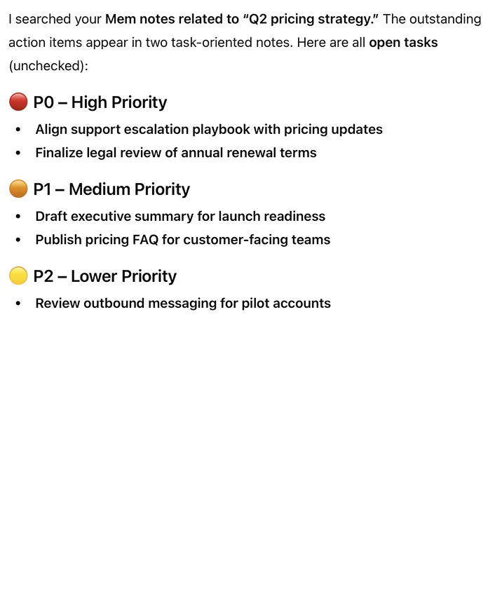 Search my Mem for Q2 pricing strategy and list any outstanding action items