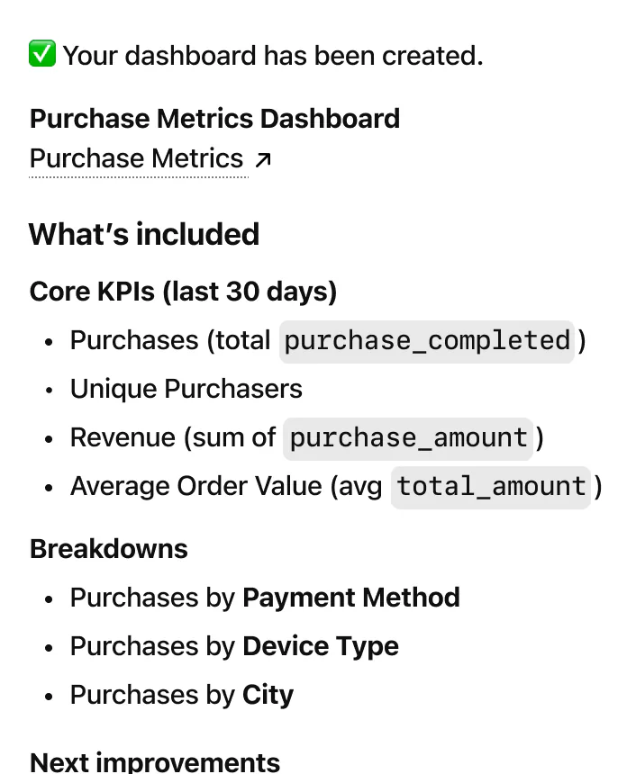 @Mixpanel create a dashboard for purchase metrics