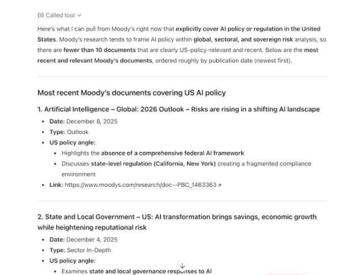 List the most recent documents that cover AI policy in the US from Moody's