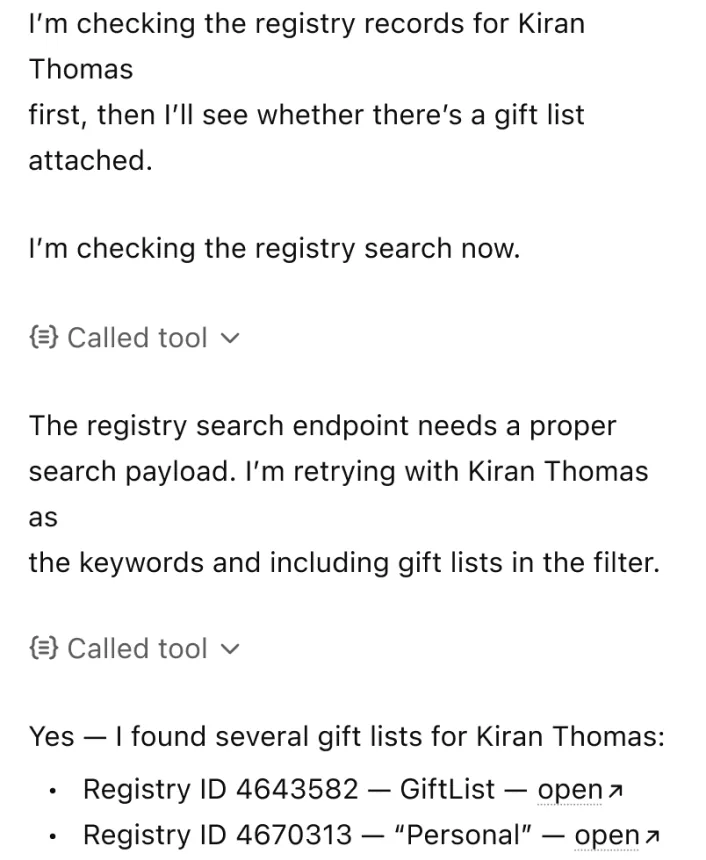 Does kiran thomas have a gift list?