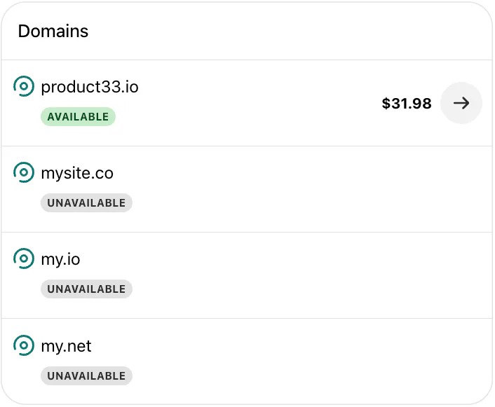 Please check mysite.co, my.io, my.net and product33.io for availability.