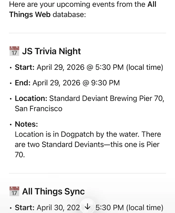 List all upcoming events from my All Things Web Neon database