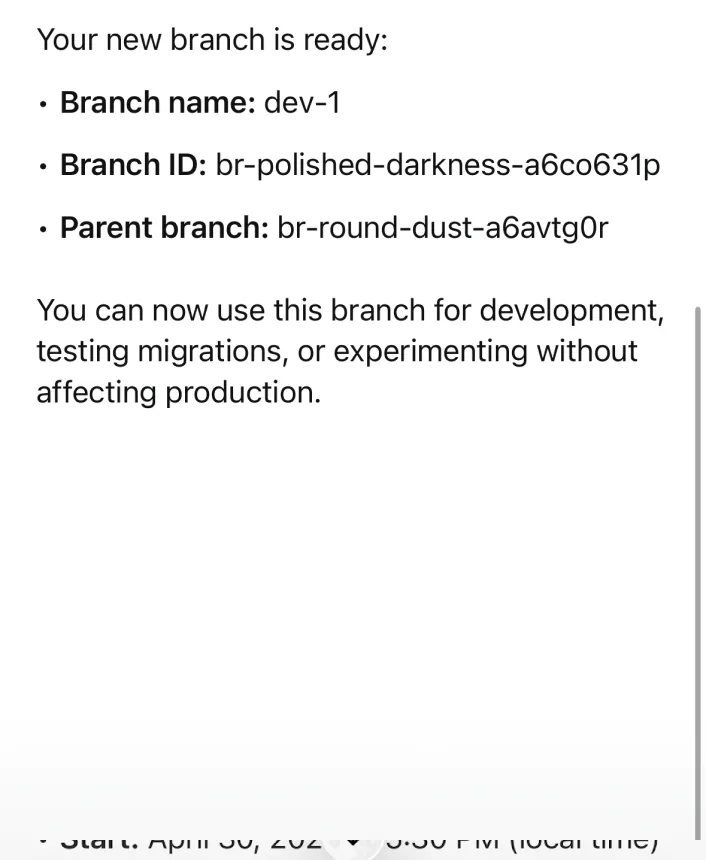 Create a new branch called dev-1 in my All Things Web Neon database