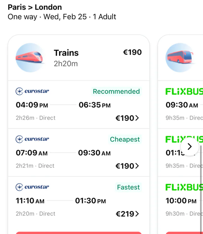 I need to go from Paris to London tomorrow, find me train options