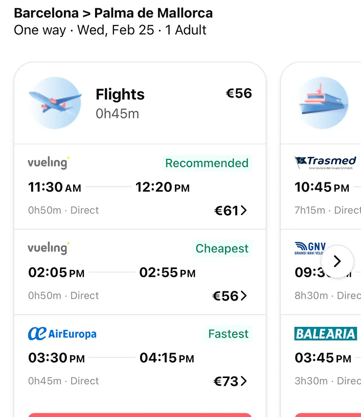 Should I take the ferry or fly from Barcelona to Palma de Mallorca?