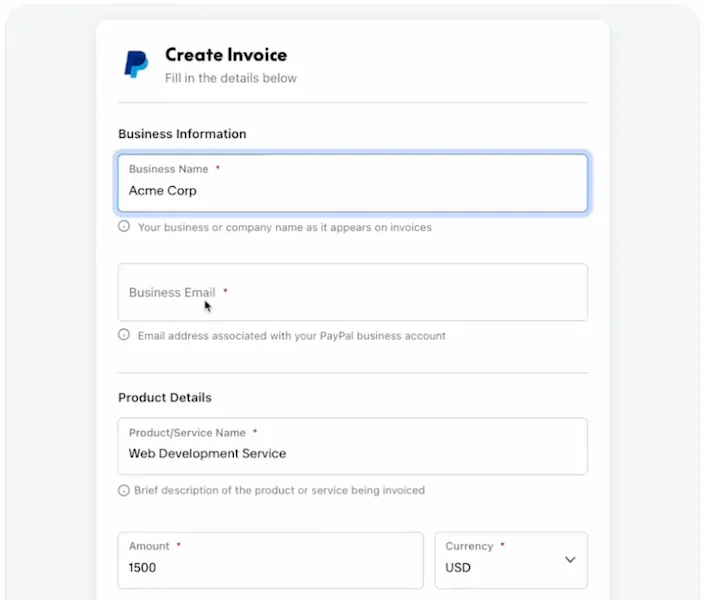 Create a $1500 PayPal invoice for Acme Corp for web development services.